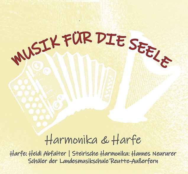 gelber Hintergrund und weißen Abbildungen von Harmonika und Harfe mit rotem Schriftzug Musik für die Seele