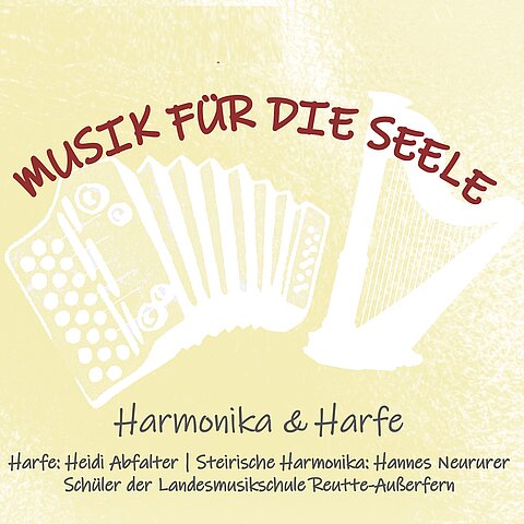 gelber Hintergrund und weißen Abbildungen von Harmonika und Harfe mit rotem Schriftzug Musik für die Seele