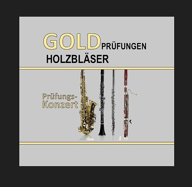 Gelber Text auf grauem Hintergrund mit Bildern von Holzblasinstrumenten Goldprüfungen Holzbläse