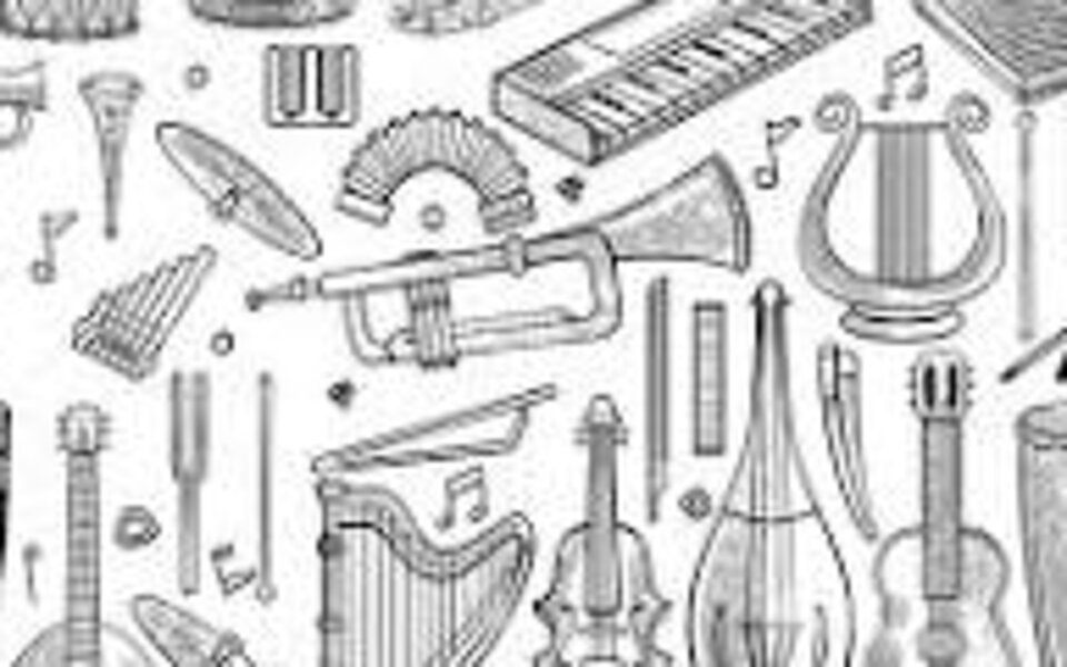 Viele verschiedene Instrumente, von Akkordeon bis Zither, werden in gezeichneter Form in schwarz-weiß dargestellt.