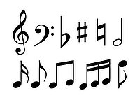 Symbole für musikalische Spielweise und verschiedene Musiknoten