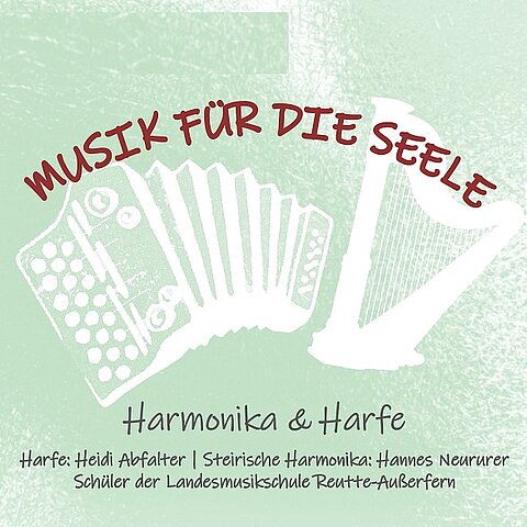 mintgrüner Hintergrund und weißen Abbildungen von Harmonika und Harfe mit rotem Schriftzug Musik für die Seele