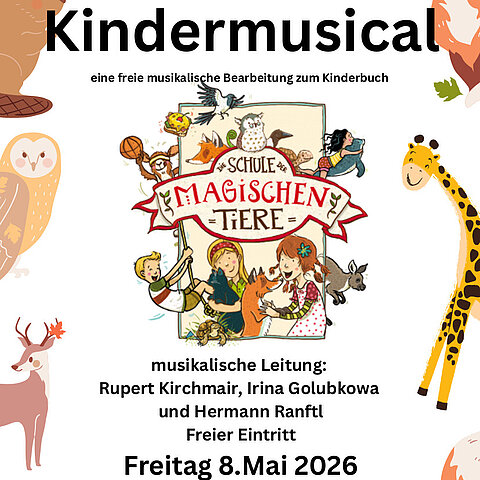 Plakat für das Kindermusical Schule der magischen Tiere der Landesmusikschule Mittleres Oberinntal