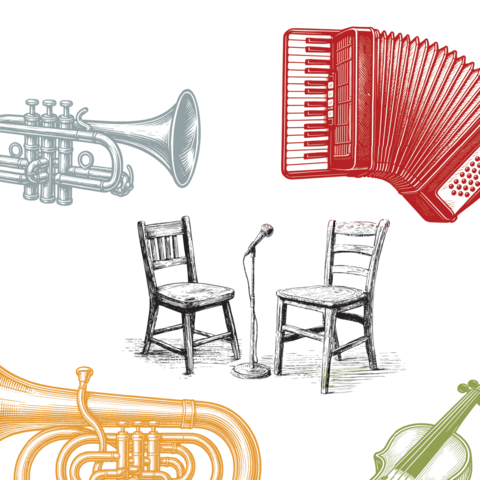 Bunte Collage mit Instrumenten aus dem Bereich der Volksmusik