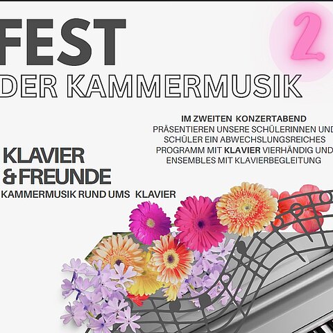 Grauer Hintergrund mit Bild von Saxophon in silber und Klarinette mit Blumen in pink umrahmt - Text schwarz Fest der Kammermusik Teil 2