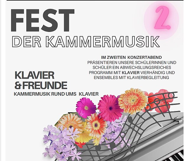 Grauer Hintergrund mit Bild von Saxophon in silber und Klarinette mit Blumen in pink umrahmt - Text schwarz Fest der Kammermusik Teil 2