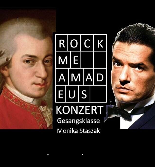 Bild von W.A. Mozart und gegüber Falco in der Mitte Rock me Amadeus