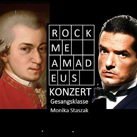 Bild von W.A. Mozart und gegüber Falco in der Mitte Rock me Amadeus