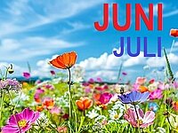 bunte blumenweise, blauer Himmel mit ein paar Wolken - roter Schriftzug Juni