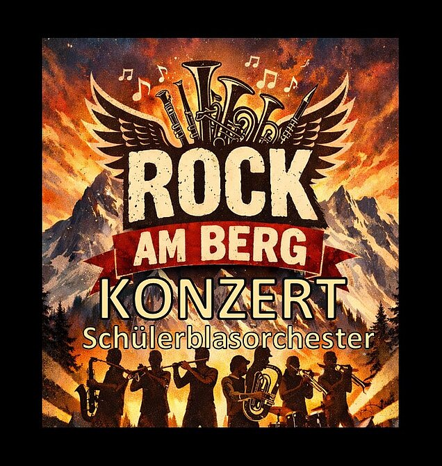 rockiges Bild in orange und schwarz mit Schirftzug Rock am Berg Konzert Schülerblasorchester