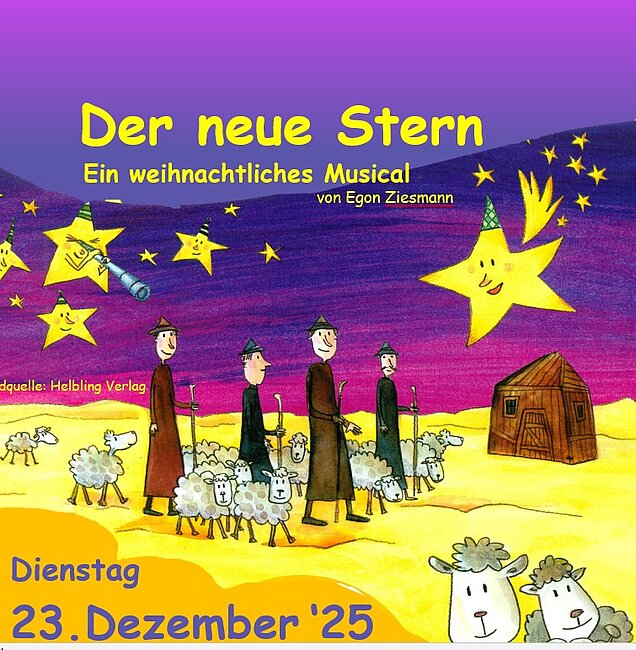 Kindlich gezeichnetes Bild mit vier Hirten, Schafe und Sternen