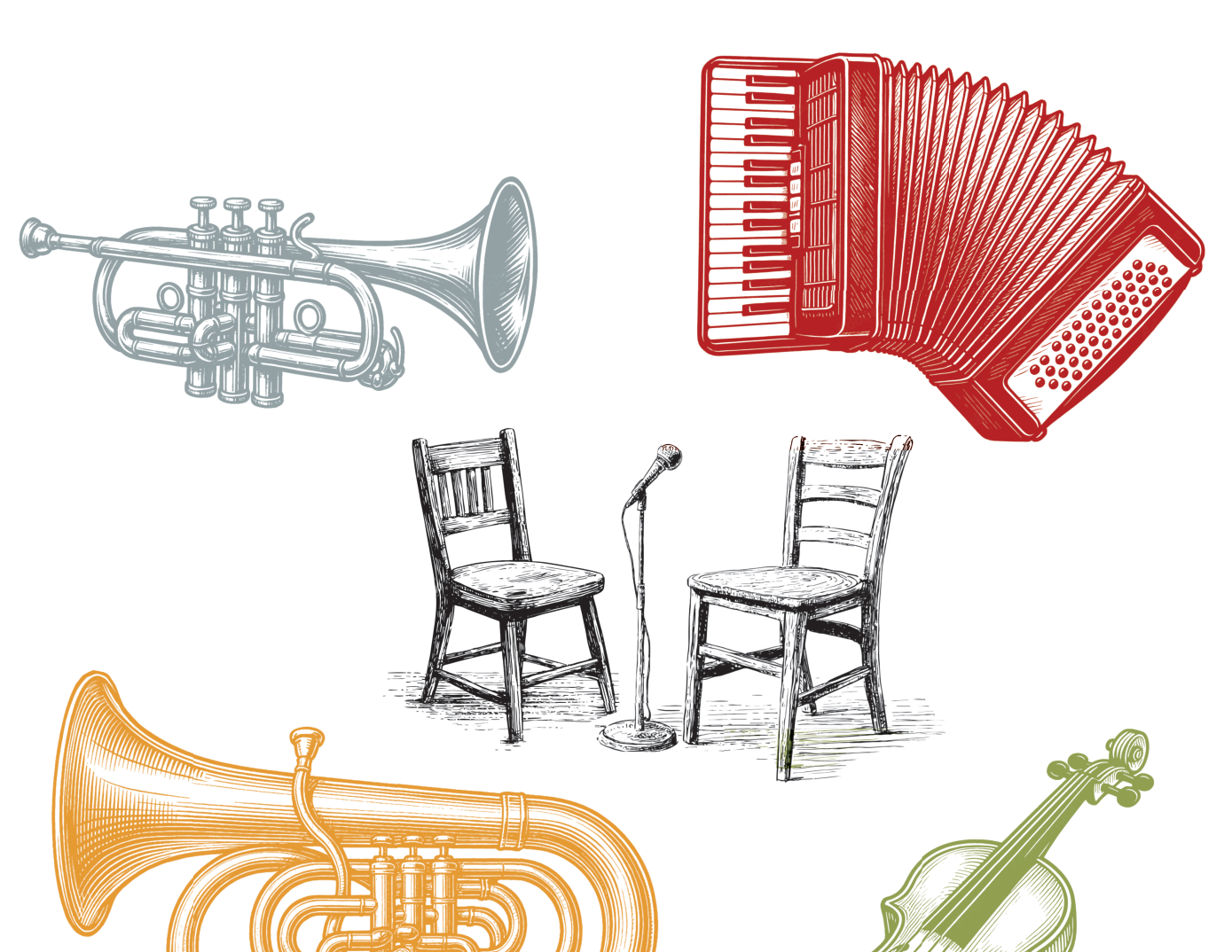 Bunte Collage mit Instrumenten aus dem Bereich der Volksmusik