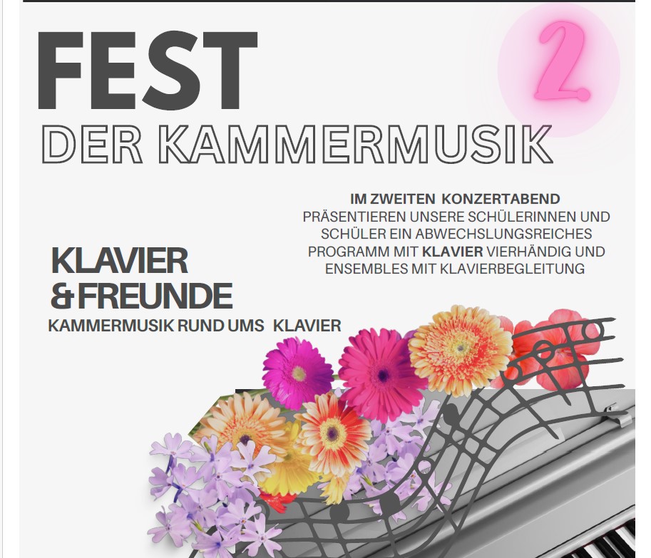 Grauer Hintergrund mit Bild von Saxophon in silber und Klarinette mit Blumen in pink umrahmt - Text schwarz Fest der Kammermusik Teil 2