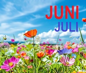 bunte blumenweise, blauer Himmel mit ein paar Wolken - roter Schriftzug Juni